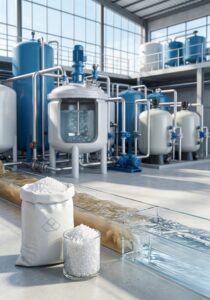 Bao phèn nhôm màu trắng đặt cạnh dòng nước chuyển từ đục sang trong với hệ thống xử lý nước ở phía sau.
