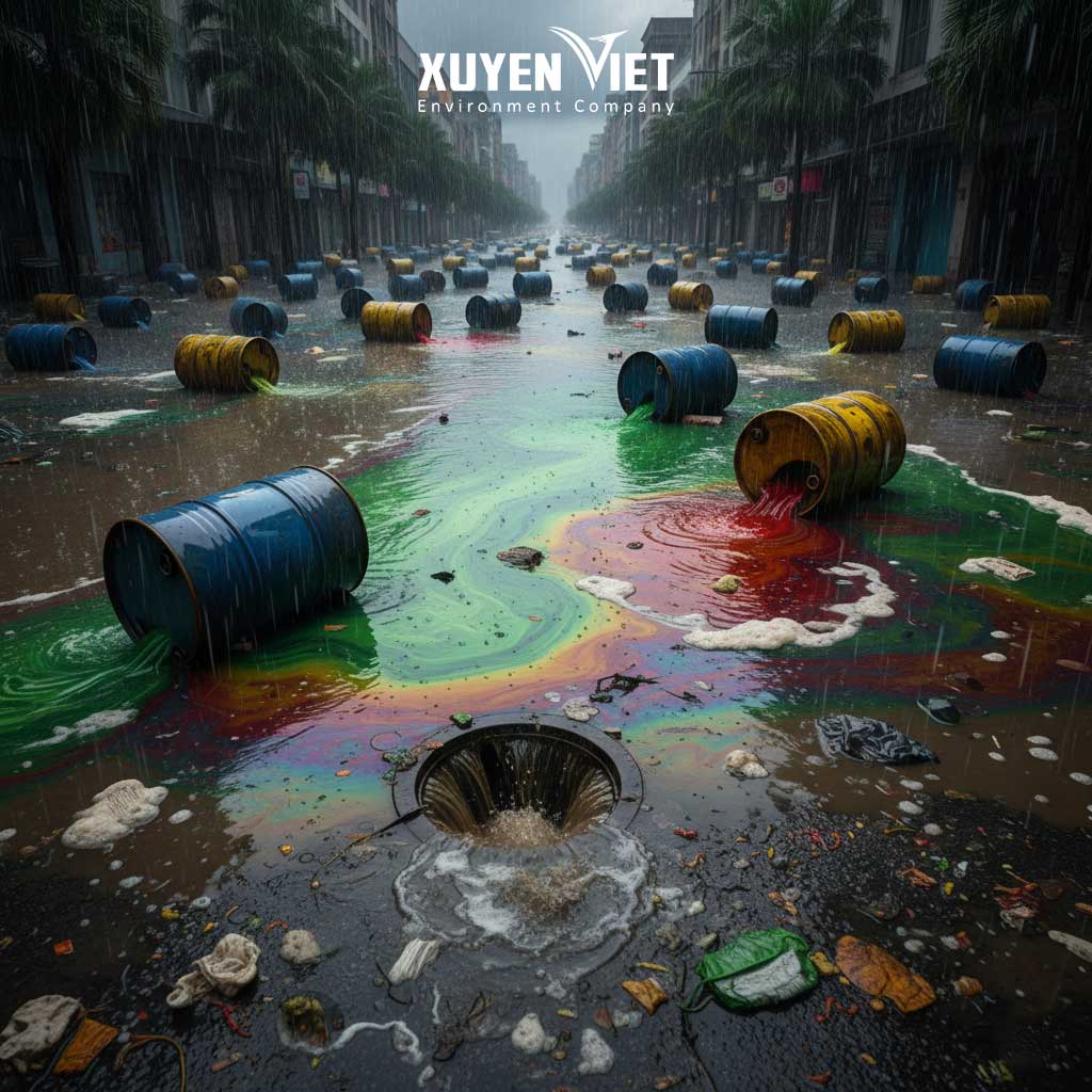 Tham hoa khung khiep khi de nuoc thai hoa chat lan vao vung nuoc ngap lut - bước xử l&yacute; nước nhiễm h&oacute;a chất ngập lụt