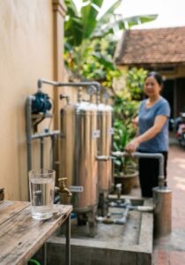 Hệ thống lọc nước sinh hoạt sử dụng cho nguồn nước ngầm cùng ly nước sạch sau xử lý.