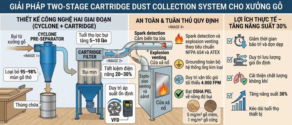 Thiết kế hệ thống hút bụi xưởng gỗ tằn năng suất 30% Giai phap Two Stage Cartridge Dust Collection System. Thiet ke he thong hut bui xuong go 1024x439 - Thiết kế hệ thống hút bụi xưởng gỗ tằn năng suất 30%